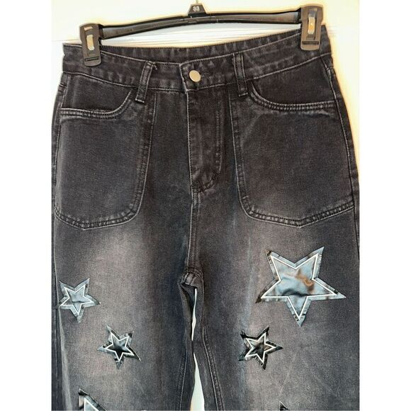 Y2K Streetwear Printed Star Patchwork  Baggy Jeans wide legged size Large L 8 - - Picture 7 of 9